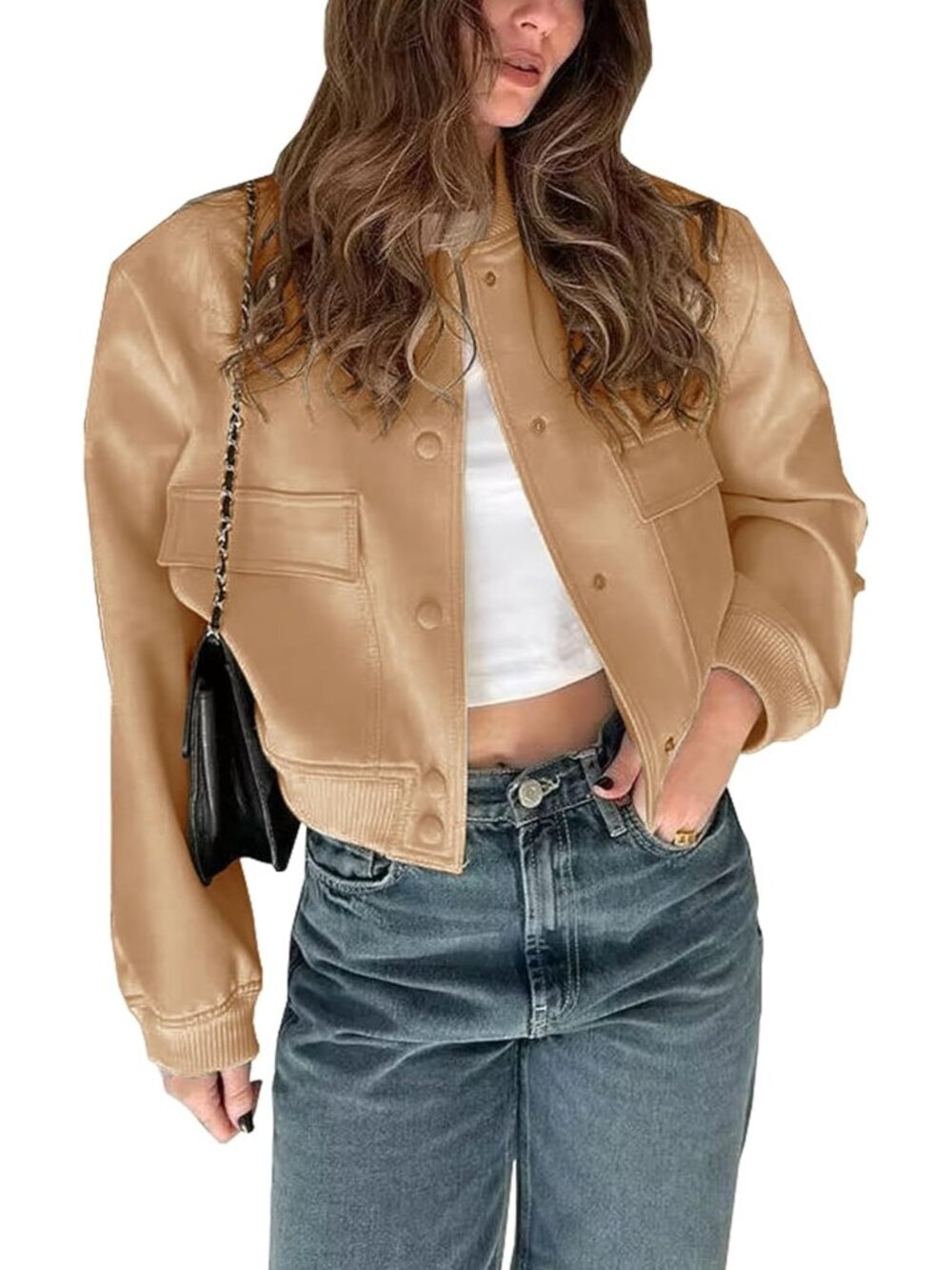 Women's Brown Cropped Button Down Varsity Jackets Shackets Pocket Bomber Jackets